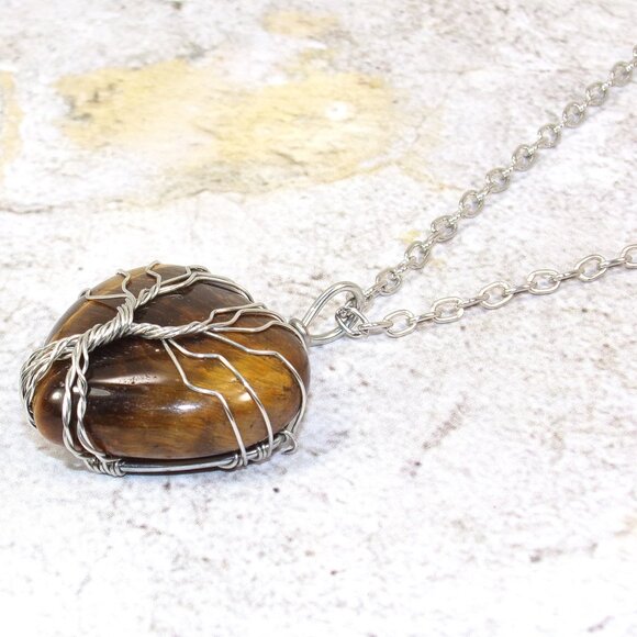 Tree of life heart pendant necklace with brown tiger eye heart stone - Picture 5 of 8